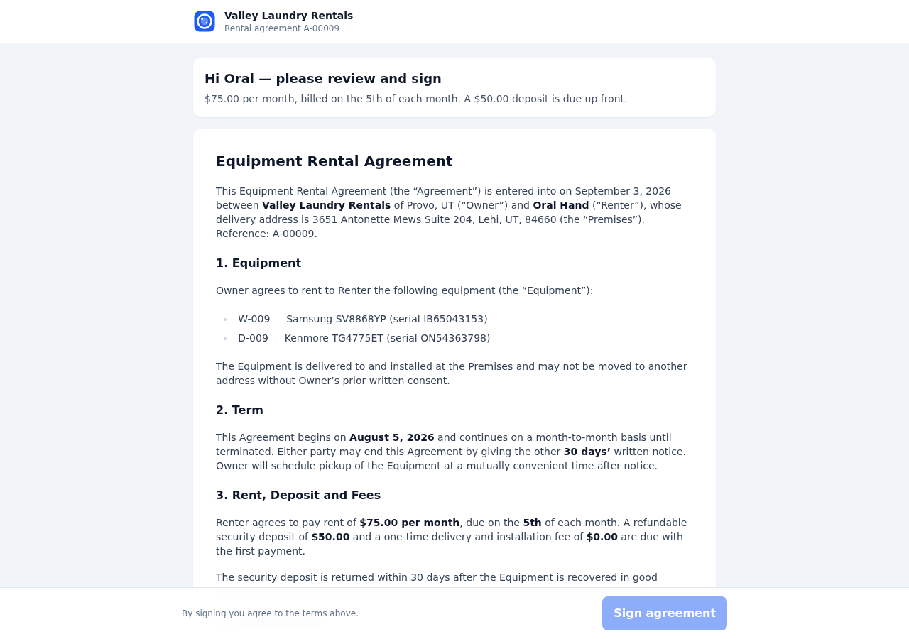 A renter reviewing and signing the agreement
